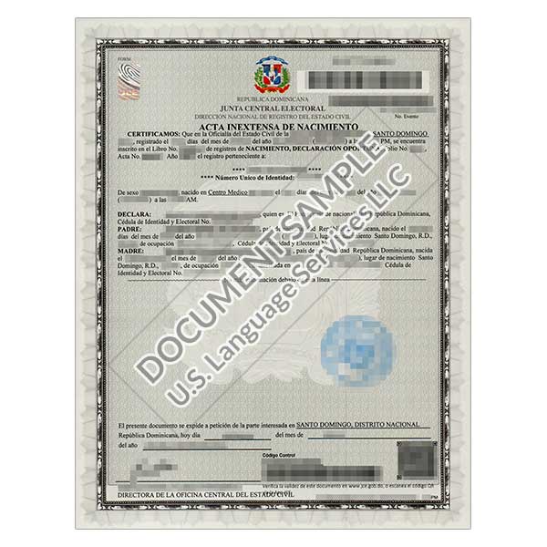 Birth Certificate from Dominican Republic