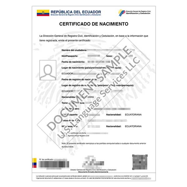 Birth Certificate from Ecuador