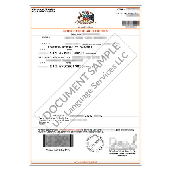 Criminal Record Certificate from Chile