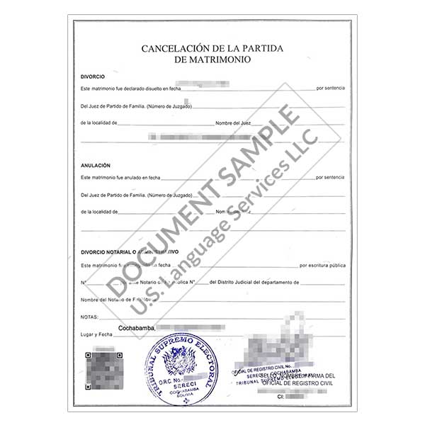 Divorce Certificate from Bolivia
