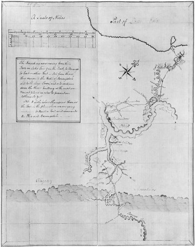 Map of the upper Ohio River and surrounding area drawn by Washington during or after his 1753 expedition