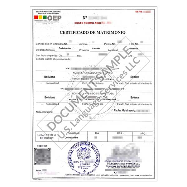 Marriage Certificate from Bolivia
