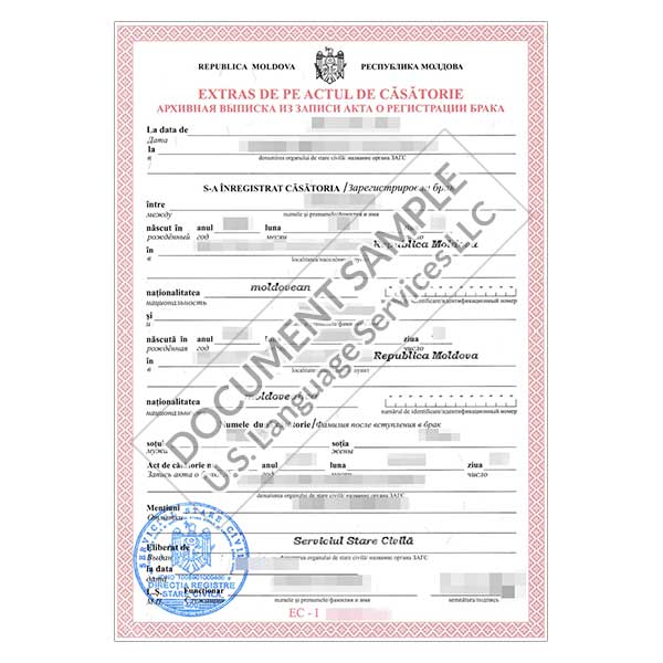 Marriage Certificate from Moldova
