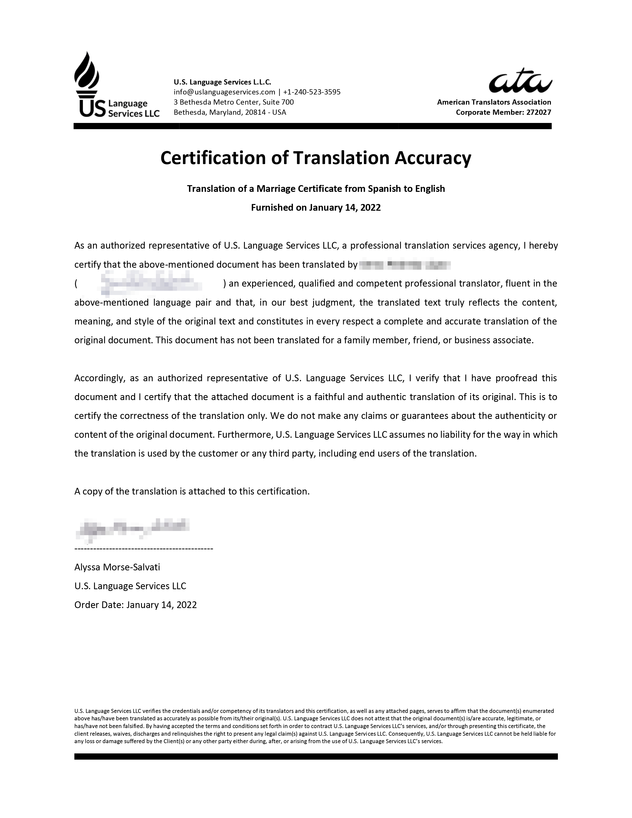 Certified Translation - Certificate Sample