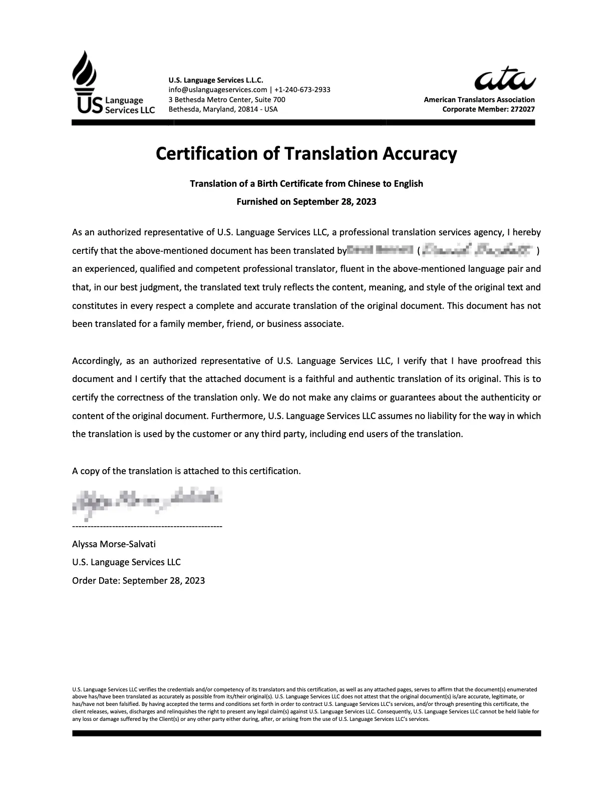 Certified Chinese to English translation - Certificate Sample