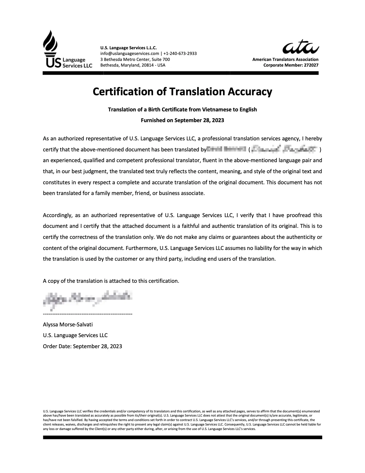 Certified Vietnamese to English translation - Certificate Sample